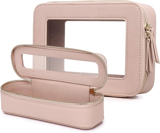Pinkmik Travel Clear Makeup Bag with Brush Case TSA Approved Toiletry Bag Waterproof Cosmetic Organizer with Zipper Car Essential for Women (Pink, M+SLIM)