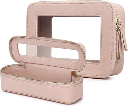 Pinkmik Travel Clear Makeup Bag with Brush Case TSA Approved Toiletry Bag Waterproof Cosmetic Organizer with Zipper Car Essential for Women (Pink, M+SLIM)