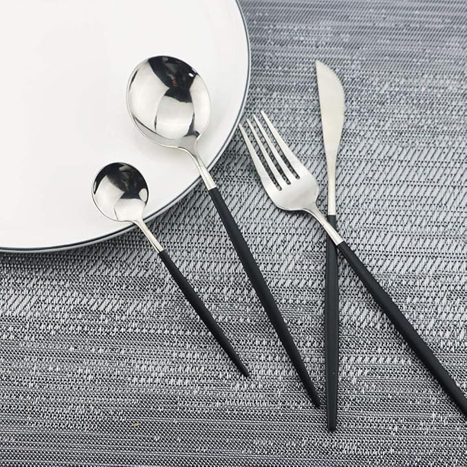 JASHII Black Silver Silverware Set, 20-Piece Stainless Steel Satin Finish Flatware, Kitchen Utensils, Mirror Polished Tableware Cutlery for Home and Restaurant, Dishwasher Safe