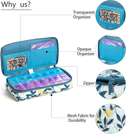 Weekly Pill Organizer 2 Times a Day,7 Day am pm Pill Organizer, Large Daily Pill Cases Pill Box Vitamin Organizer Box,Yellow Floral