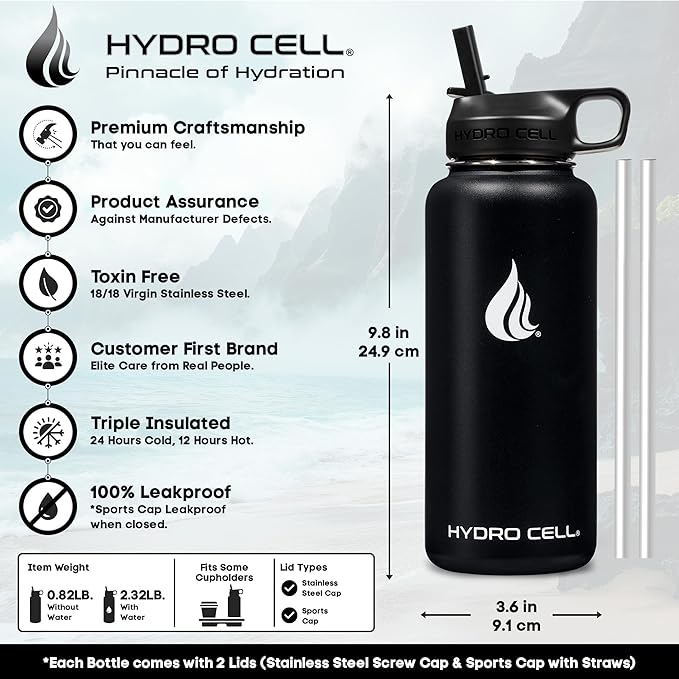 HYDRO CELL Stainless Steel Insulated Water Bottle with Straw - For Cold & Hot Drinks - Metal Vacuum Flask with Screw Cap and Modern Leakproof Sport Thermos for Adults (Black 32oz)