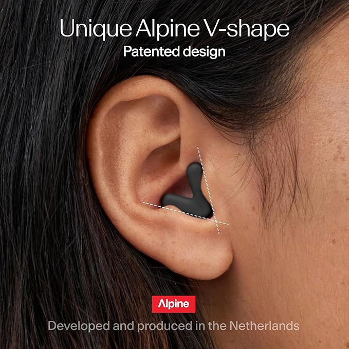 Alpine Silence Earplugs for Sleep, Focus & Travel - V-Shape Snug Fit & Soft Oval Tips – 4 Sizes XS/S/M/L - Comfortable, Reusable Hearing Protection - up to 25dB – Black