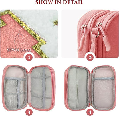 COSHAYSOO Cord Charger Organizer Travel Case Traveling Trip Gifts for Women TECH Bag Chenille Letter Pouch, Electronics Accessories Summer Camp College Dorm Essentials Must Have for Teen Girls Pink