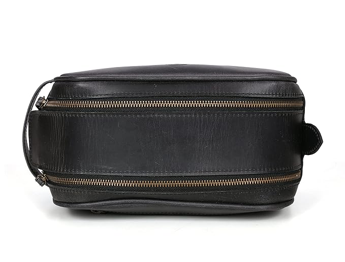10" Premium Leather Toiletry Travel Pouch With Waterproof Lining Black Color | King-Size Handcrafted Vintage Shaving Kit By Aaron Leather Goods (Florida Black)