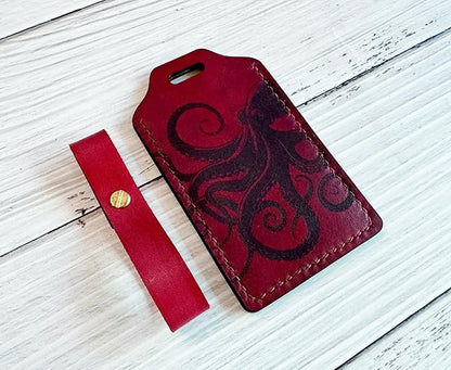 Mayan Corner - Handcrafted Leather Luggage Tag, Octopus Design, Burgundy Red with ID Window