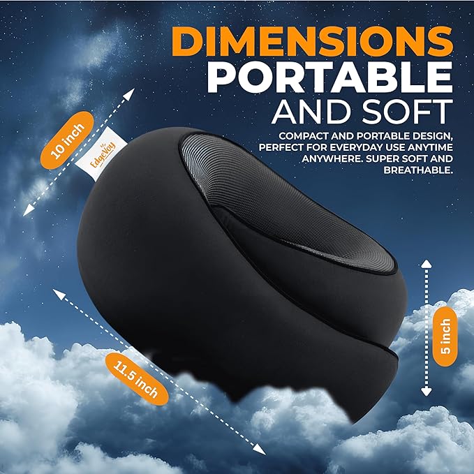EdgeVoy™ Travel Neck Pillow, Memory Foam Travel Pillow for Airplanes, 360º Ergonomic Design, Asymmetrical Sides, Washable Modal Cover, Ideal for Travel, Car Rides, & Home Use (Black)