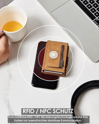 Mens Wallet Card Holder for AirTag, Leather Smart Wallet for Men, Airtag Wallet Pop Up Wallet, RFID Blocking, Slim, Minimalist, Large Capacity - 14-18 Card Capacity | ID Window | Cash Slot （Brown）