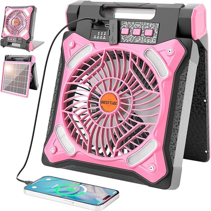 Solar Fan Battery Powered Rechargeable Solar Camping Fan with Led Lantern & Power Bank Foldable Angle USB Personal Fans for Travel Outdoor Camping Tents X98 Pink
