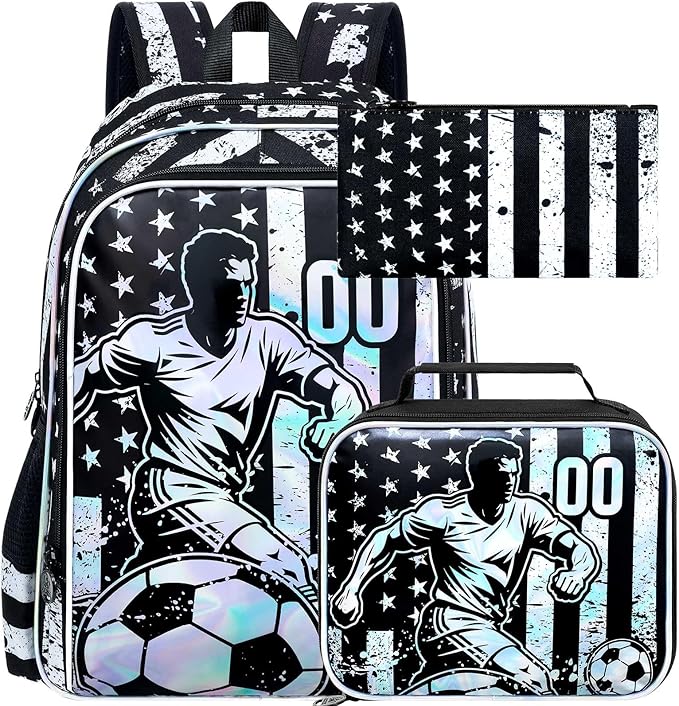 WZLVO 3PCS Kids Soccer Backpack Set, 17" Cool UV Printing Boys Bookbag/School Bag with Lunch Box & Pencil Bag for Elementary to Middle - Star-Spangled Soccer