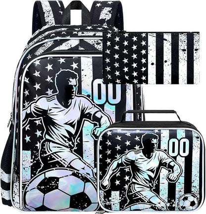 WZLVO 3PCS Kids Soccer Backpack Set, 17" Cool UV Printing Boys Bookbag/School Bag with Lunch Box & Pencil Bag for Elementary to Middle - Star-Spangled Soccer