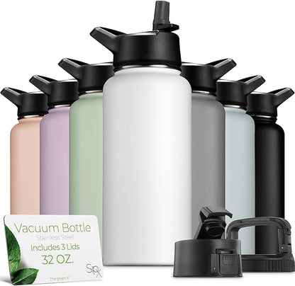 SipX™ Triple-Insulated Stainless Steel Water Bottle 32oz. With 3 Lids, BPA-Free Reusable Insulated Water Bottle Keeps Cold 24 Hours, Metal Water Bottle Made Of Sustainable Material For Hiking & Biking