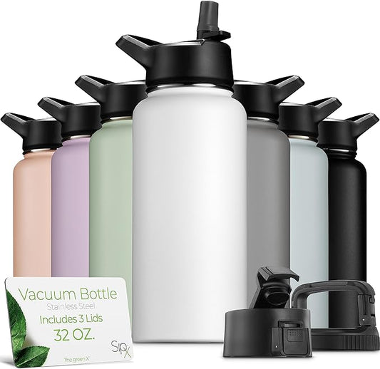 SipX™ Triple-Insulated Stainless Steel Water Bottle 32oz. With 3 Lids, BPA-Free Reusable Insulated Water Bottle Keeps Cold 24 Hours, Metal Water Bottle Made Of Sustainable Material For Hiking & Biking
