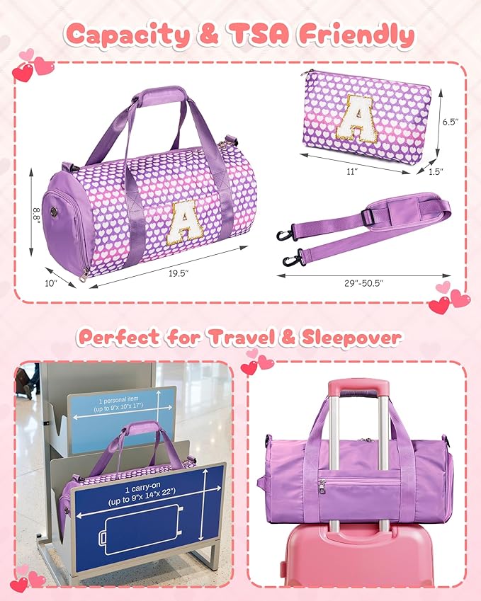Stocking Stuffers for Kids-Teen Girl Gifts Trendy Stuff, Girls Travel Duffel Bag, Kids Overnight Bags with Shoe Compartment, Gym Ballet Dance Bag with Makeup Pouch, Birthday Gift (Letter A)