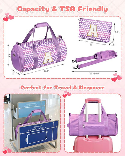 Gift for Grandkids, Girls Travel Duffel Bag, Kids Initial Overnight Bags with Shoe Compartment, Personalized Gym Ballet Dance Bag with Makeup Pouch, 3 4 5 6 7 Year Old Girl Gifts (Letter N)