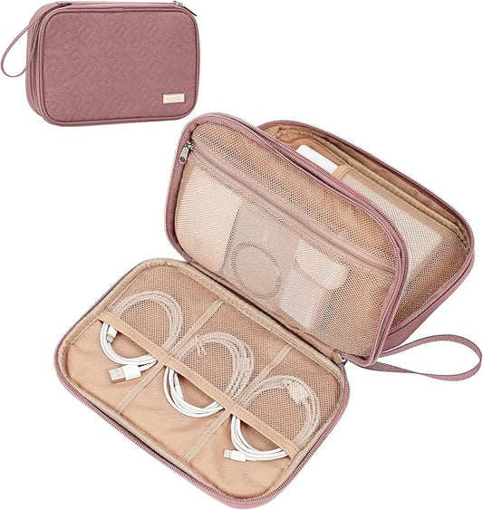NISHEL Travel Cord Organizer Case, Double Layers Tech Electronic Bag, Essentials for Charger, Cable, Phone, Flash drive, Large, Rose-wood Pink