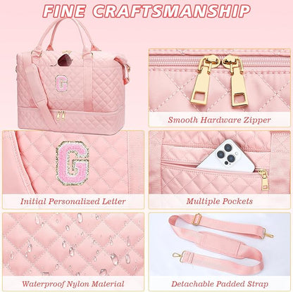 Gifts for Women Gifts Christmas Initial Travel Duffle Bag Quilted Weekender Bags Carry-On Overnight with Cosmetic Bag, Gym Bag with Shoe Compartment, Pink-G