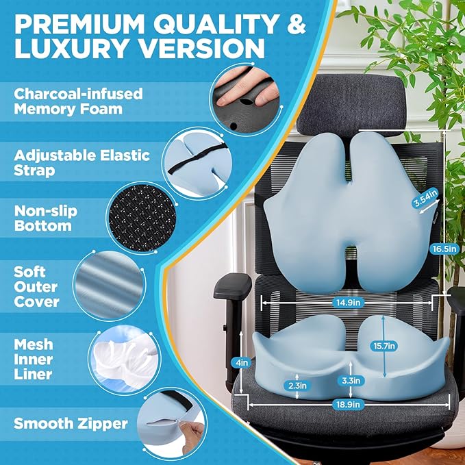 BEAUTRIP Seat Cushion & Lumbar Support Pillow for Office Chair, Car & Wheelchair - Ergonomic Coccyx Cushion for Tailbone, Sciatica & Back Pain Relief - Extra-Dense Charcoal Memory Foam Chair Cushions