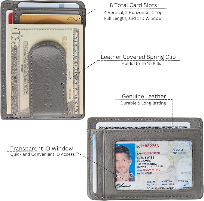 Alpine Swiss RFID Dermot Money Clip Front Pocket Wallet For Men Leather Comes in a Gift Box Gray