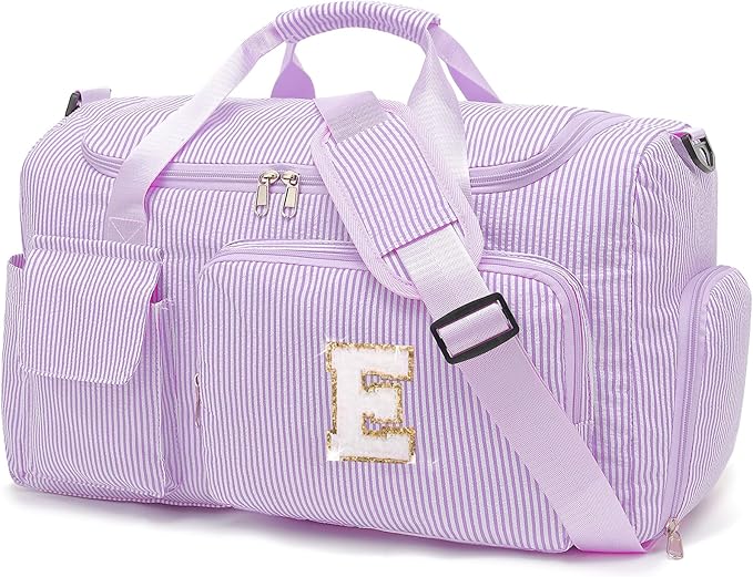 Kids Travel Duffle Bag Dance Bag Gifts for Girls Initial Gym Bag with Shoes Compartment for Women Lightweight Weekender Bags Purple-E