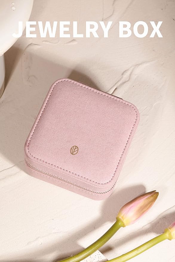S.Leaf Travel Jewelry Organizer Boxes for Women Small Portable Necklace Earrings Bracelet Rings Travel Case Best Friend Birthday Gifts for Women Trendy (05_Suede_Touch_Dust_Pink)