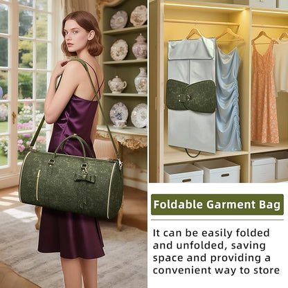 Garment Duffle Bag for Travel, 2-in-1 Foldable Carry On Garment Bag with Shoe Compartment & Toiletry Pocket, Convertible Weekender Bags for Women Business Travel, Vacation, Party, Deep Green