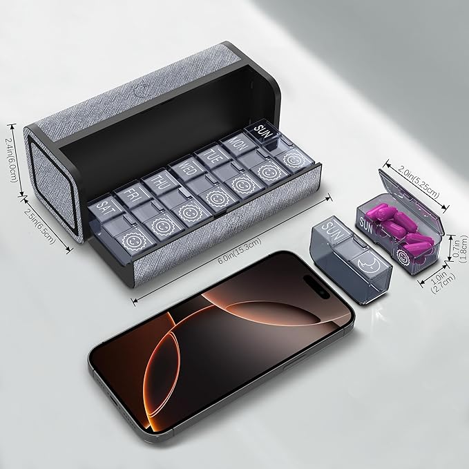 7-Day AM/PM Pill Organizer with Scratch-Resistant Leather Case - Portable Weekly Travel Medicine Box with Detachable Daily Pods & Privacy Design (Silver Black)
