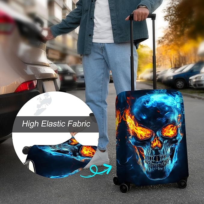 Luggage Cover Protector for 26-28 Inch Suitcases, TSA Approved Elastic Travel Suitcase Covers, Anti-Scratch Washable Luggage Sleeve for Carry On & Checked Bags, Flame Skull