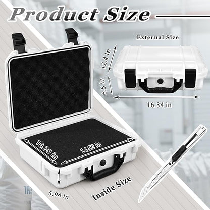 1 Pcs 16.3 x 12.4 x 6.5 Inch Waterproof Hard Case with DIY Customizable Foam Insert Portable Protective Case with Knife for Camera Drones Equipments Tools Test Instruments (White)