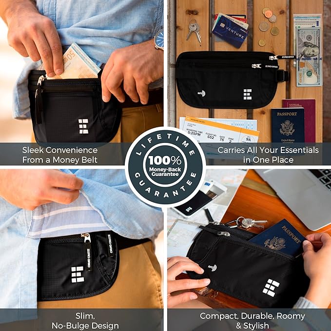 Money Belt for Secure Travel - RFID Blocking Slim Passport Holder - Hidden Waist Pouch for Cash, Credit Cards, Documents - Concealable Under Clothes, Water-Resistant Slim Fanny Pack for Men and Women