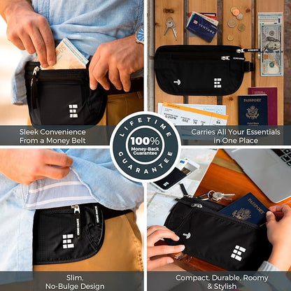 Money Belt for Secure Travel - RFID Blocking Slim Passport Holder - Hidden Waist Pouch for Cash, Credit Cards, Documents - Concealable Under Clothes, Water-Resistant Slim Fanny Pack for Men and Women