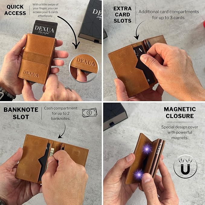 Mens Wallet, Premium Leather Slim Wallet, RFID Blocking Pop-Up Card Holder, Extra Credit Card Slots, Cash Slot, Magnetic Closure, Christmas Gift Ready Gift Box Included