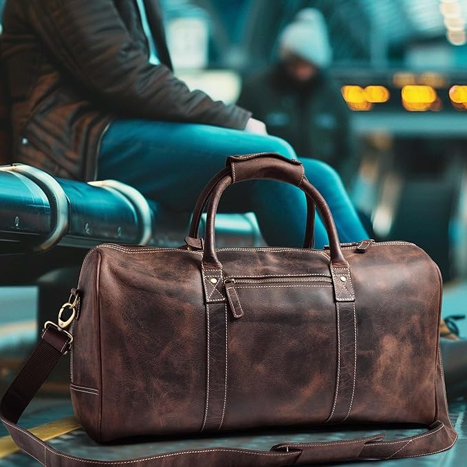 Leather Village Premium Leather Duffel Bags for Men & Women-Stylish Travel Weekender Carry-On Sports Gym Overnight Luggage Bag - 24 Inch - Rustic Brown