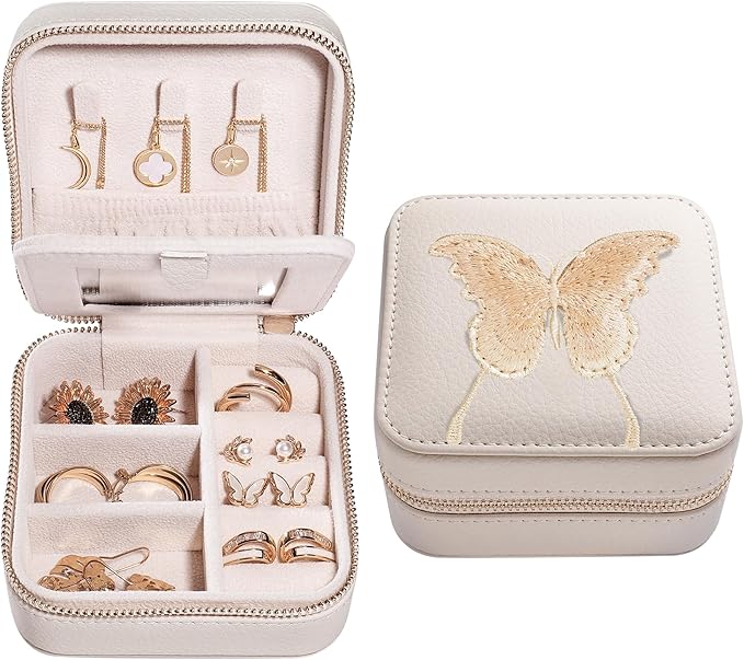 S.Leaf Travel Jewelry Organizer Boxes for Women Small Portable Necklace Earrings Bracelet Rings Travel Case Best Friend Birthday Gifts for Women Trendy (Butterfly_Beige_Gold)