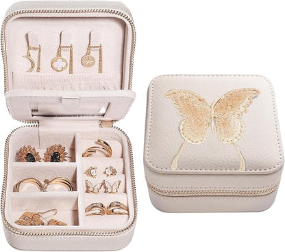 S.Leaf Travel Jewelry Organizer Boxes for Women Small Portable Necklace Earrings Bracelet Rings Travel Case Best Friend Birthday Gifts for Women Trendy (Butterfly_Beige_Gold)