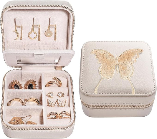 S.Leaf Travel Jewelry Organizer Boxes for Women Small Portable Necklace Earrings Bracelet Rings Travel Case Best Friend Birthday Gifts for Women Trendy (Butterfly_Beige_Gold)