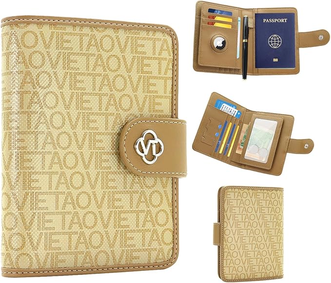 Passport Holder for Travel, RFID Blocking Leather Airtag Wallet for Women Men, Large Passport Cover Essentials Gift, Tickets, Cash, Photo, Sim Card Pen Slot - Apricot