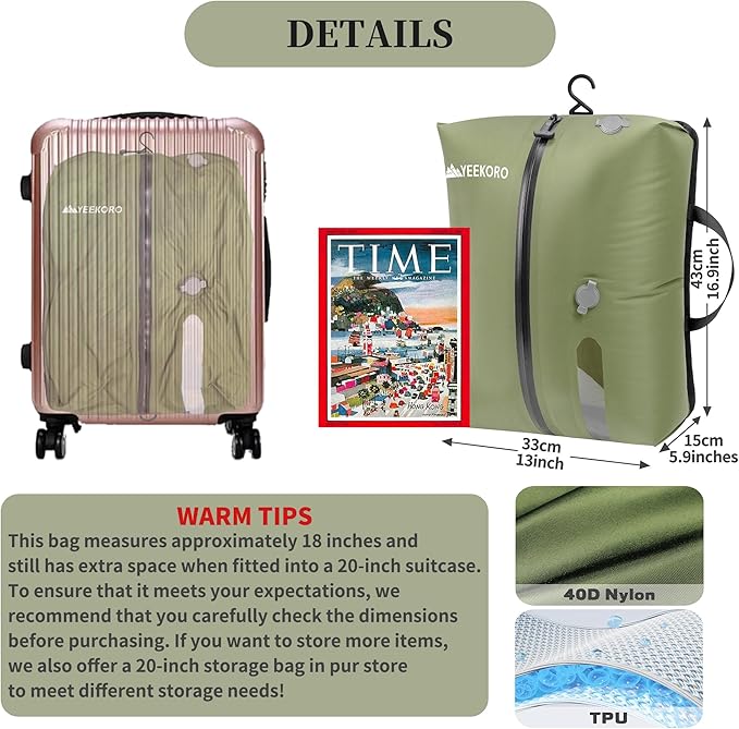 Vacuum Bags for Travel, Professional IP67 Reusable Vacuum Compression Bags for Travel Suitcases, Durable Space Saver Bag (2 PACK GREEN, No Pump)