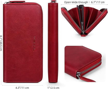 VISOUL Leather Long Zipper Pouch Wallet for Men and Women with RFID Blocking, Large Clutch Cash Long Wallet with Zipper (Burgundy)