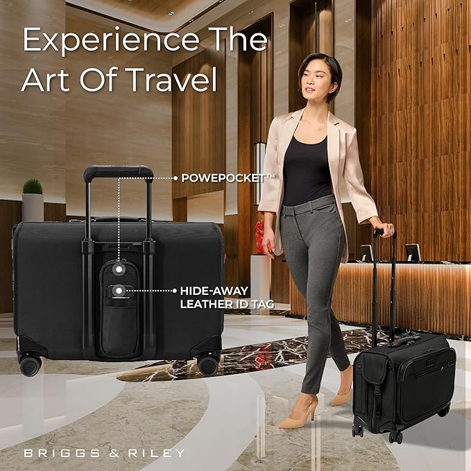 Briggs & Riley 21" Carry-On Wheeled Garment Spinner - Carry On Luggage for Travel, Suitcases with Wheels, Softside Rolling Bag for Men & Women, Built in Hook for Clothes - Baseline Collection, Black