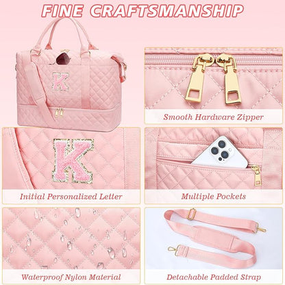 Gifts for Women Girls Initial Travel Duffle Bag Quilted Weekender Carry-On Overnight with Cosmetic Bag, Gym Bag with Shoe Compartment, Pink K