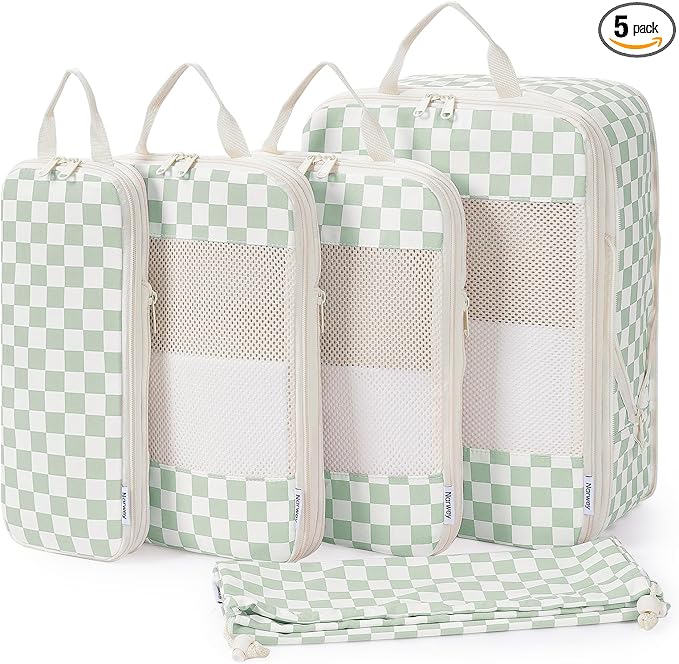 Narwey 5 Set Compression Packing Cubes for Travel, Luggage Packing Organizer Bags for Carry on Suitcase, Expandable Checkered Storage Bags with Laundry & Handle (Mint Green Checkerboard)