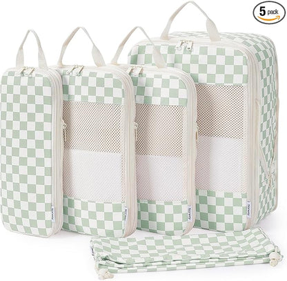 Narwey 5 Set Compression Packing Cubes for Travel, Luggage Packing Organizer Bags for Carry on Suitcase, Expandable Checkered Storage Bags with Laundry & Handle (Mint Green Checkerboard)