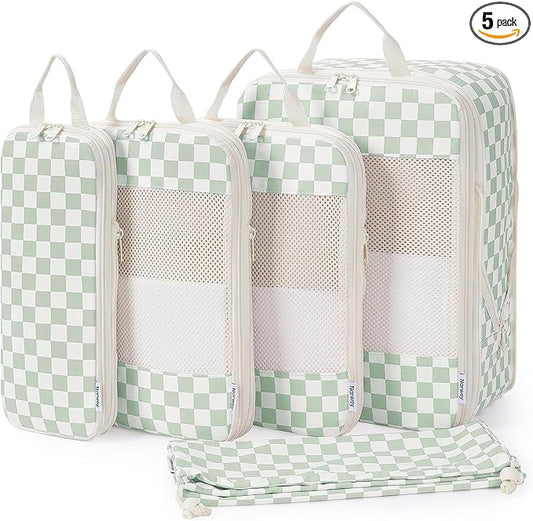Narwey 5 Set Compression Packing Cubes for Travel, Luggage Packing Organizer Bags for Carry on Suitcase, Expandable Checkered Storage Bags with Laundry & Handle (Mint Green Checkerboard)