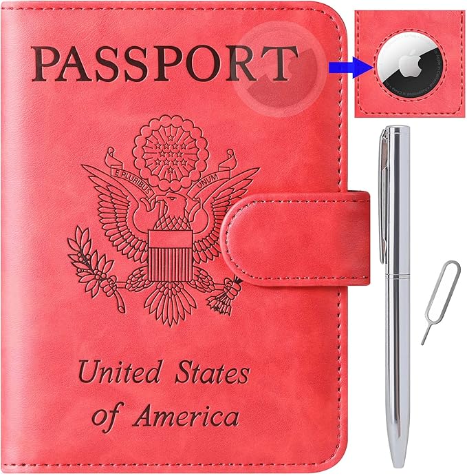 Airtag Passport Holder Cover Wallet Travel Essentials Leather Rfid Blocking Case Vacation Luggage Must Haves Travel Accessories for Men Women (117#Red)