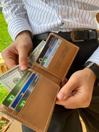 Custom Wallets For Men, Personalized Gifts For Men, Personalized Wallet For Men, Customized Engraved Full Grain Leather with RFID Blocking, Custom Gifts, Customized Wallets For Fathers Day, (Brown)