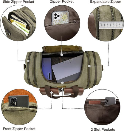 Wildroad 50L Travel Duffel Bag, Expandable Canvas Genuine Leather Duffle Bag Upgraded Overnight Weekender Carry on Bag