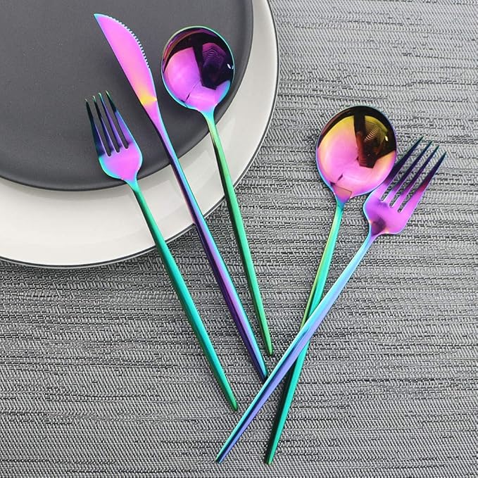 JASHII Shiny Rainbow Silverware Set, 30-Piece Stainless Steel Satin Finish Flatware, Kitchen Utensils, Mirror Polished Tableware Cutlery for Home and Restaurant, Dishwasher Safe