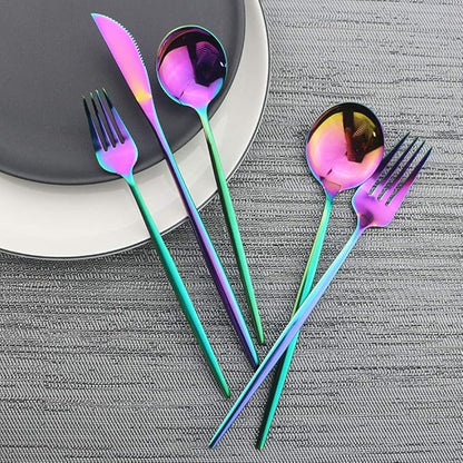 JASHII Shiny Rainbow Silverware Set, 30-Piece Stainless Steel Satin Finish Flatware, Kitchen Utensils, Mirror Polished Tableware Cutlery for Home and Restaurant, Dishwasher Safe