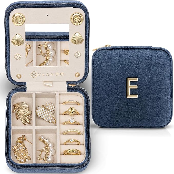Vlando Teacher Must Haves, Personalized Initial Jewelry Case, Back to School Gift, Teacher Appreciation Gift, Travel Jewelry Case with Initial - Letter E, Dark Blue