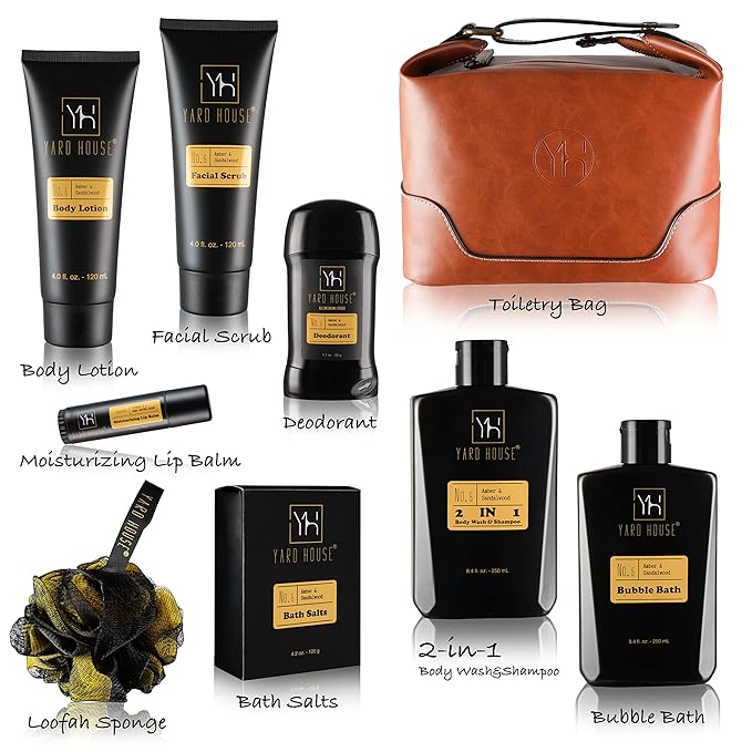 Bath and Body Gift Set for Men - Sandalwood Amber - Birthday, Christmas, Fathers Day Gifts From Wife Daughter Son for Husband, Dad - Relax Spa Kit w. Full Size Items in Deluxe Toiletry Bag